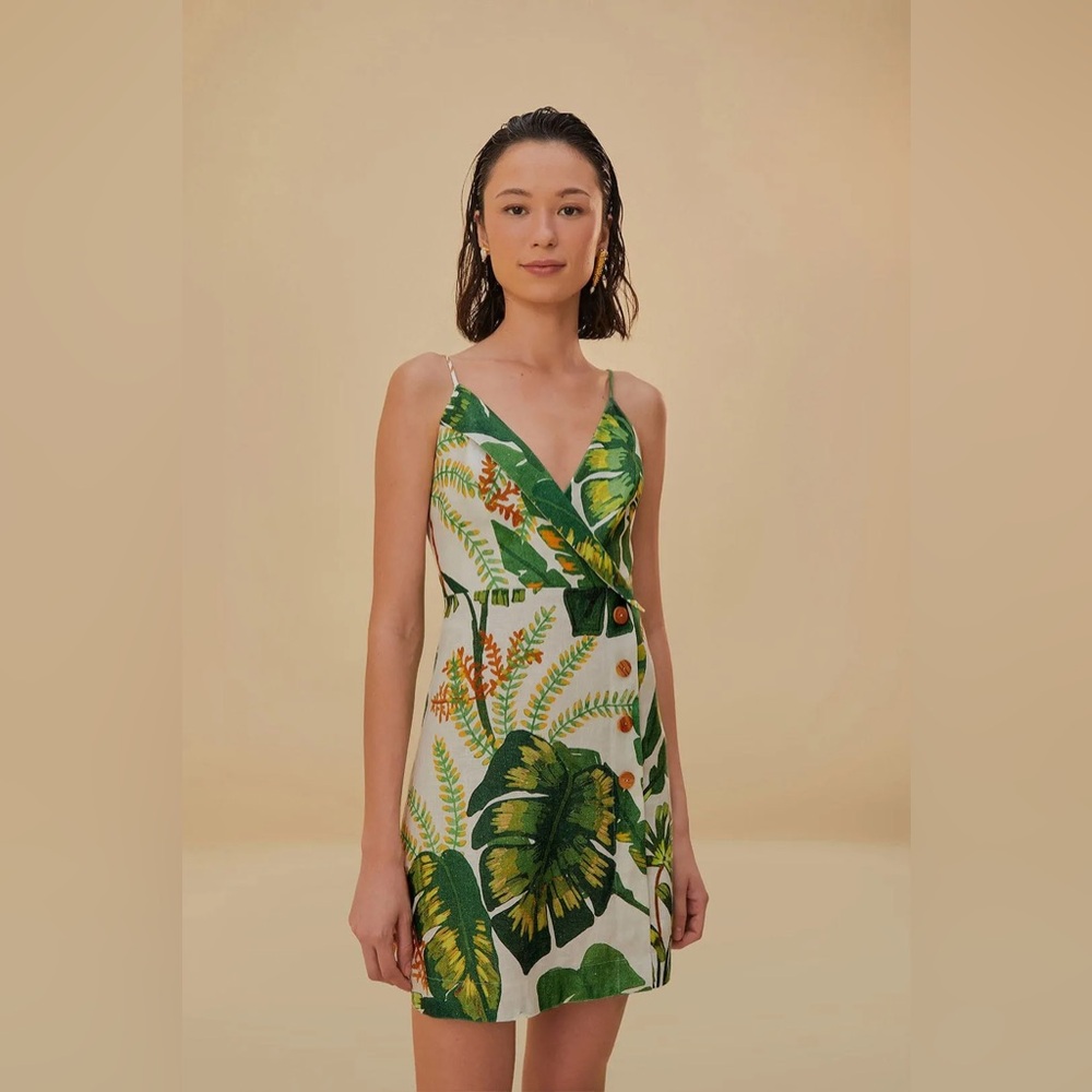 Farm Rio Tropical Forest Linen Mini Dress Green XS - Picture 3 of 10
